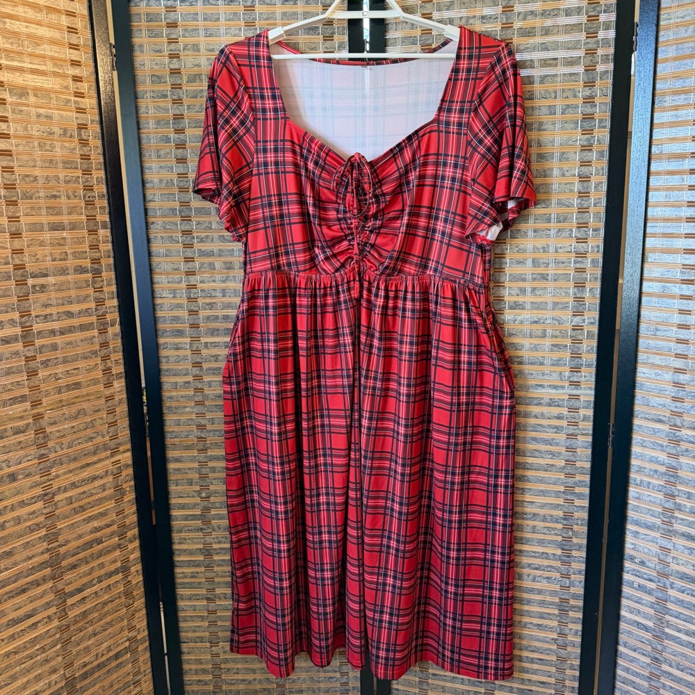 Unbranded Plaid Midi Dress Women 2XL Red Cinched Bust Pockets Holiday Festive